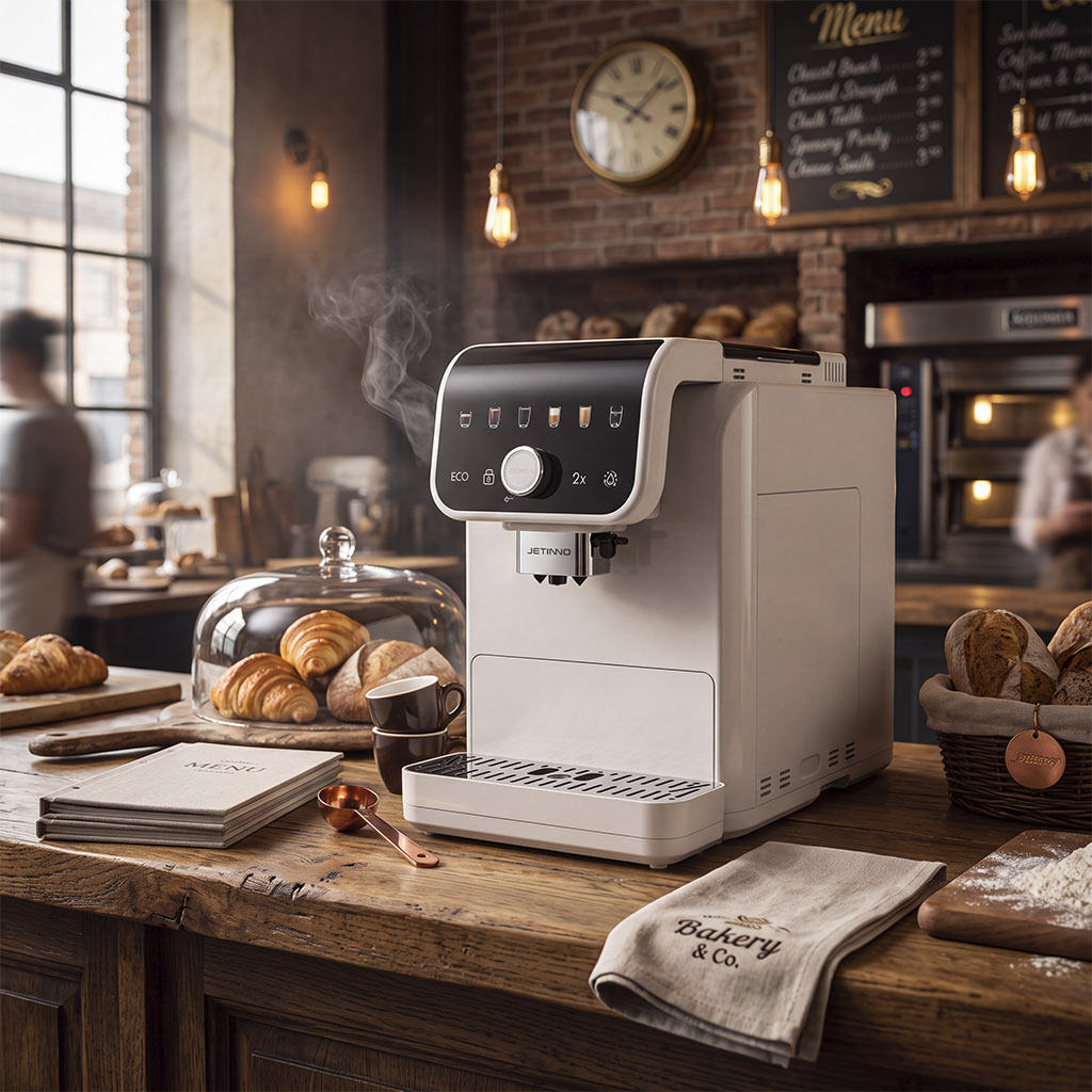 Máquina de café automática junto a pan y croissants en un punto de venta