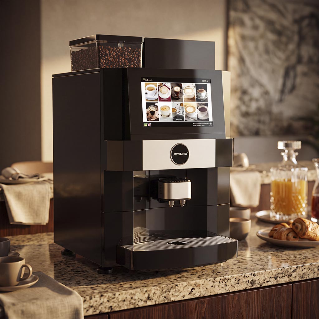 Máquina de café superautomática con pantalla táctil en el desayuno de un hotel