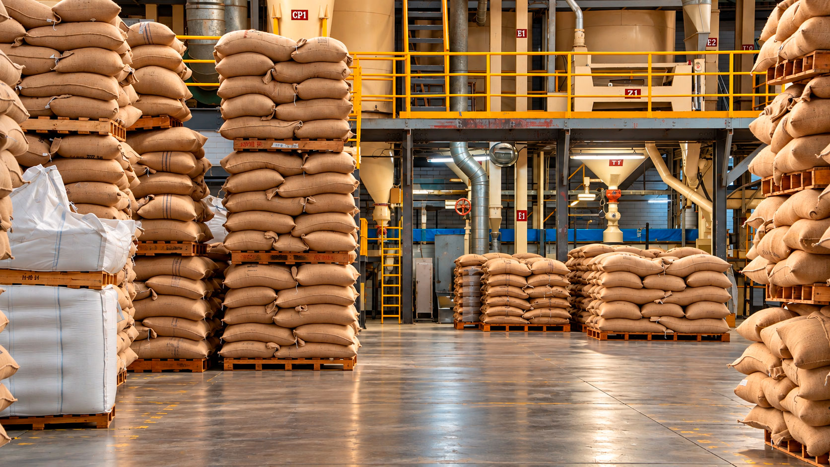 Industrial warehouse of green coffee in sacks