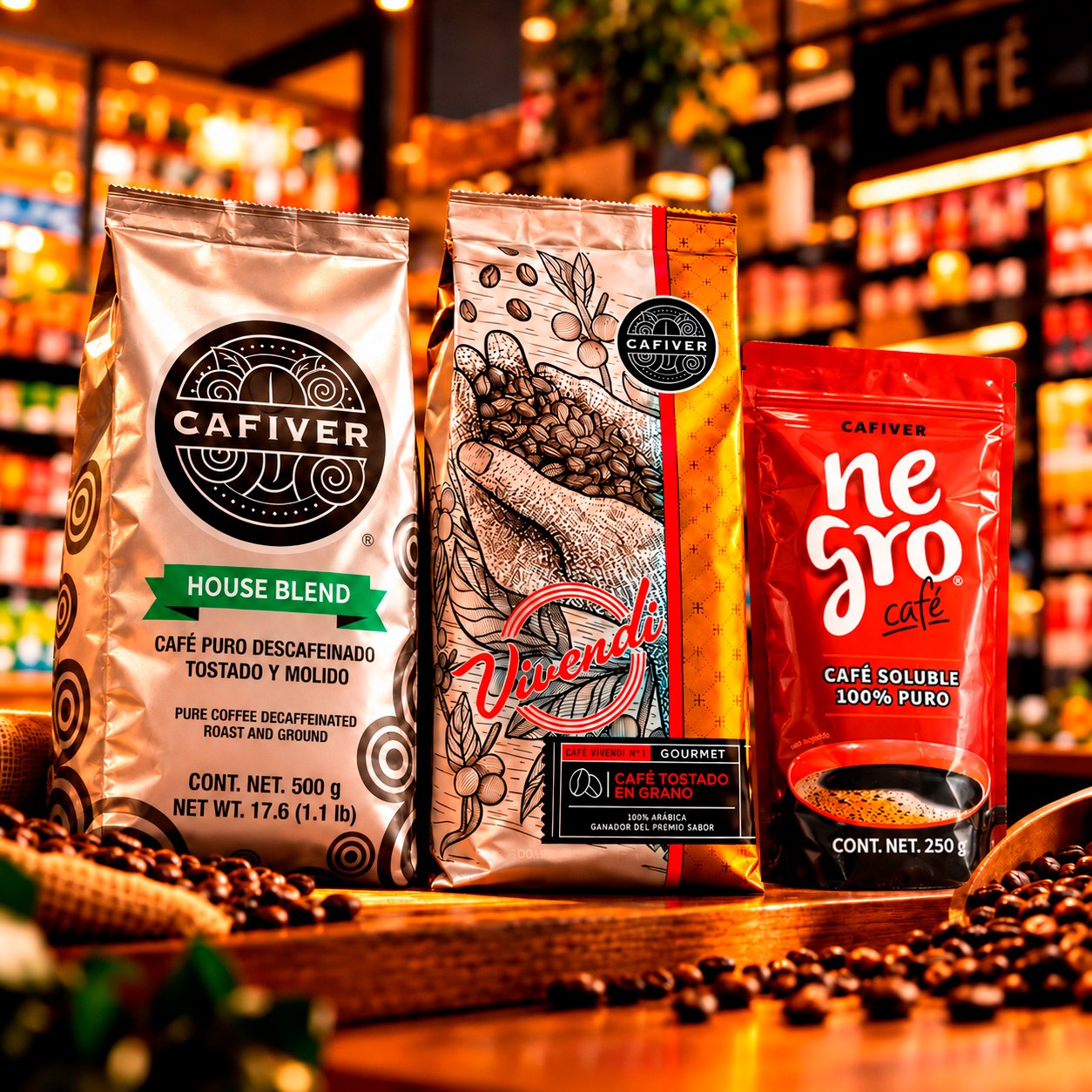 Café CAFIVER House Blend descafeinado, Vivendi y Negro Café en el pasillo de café de una tienda